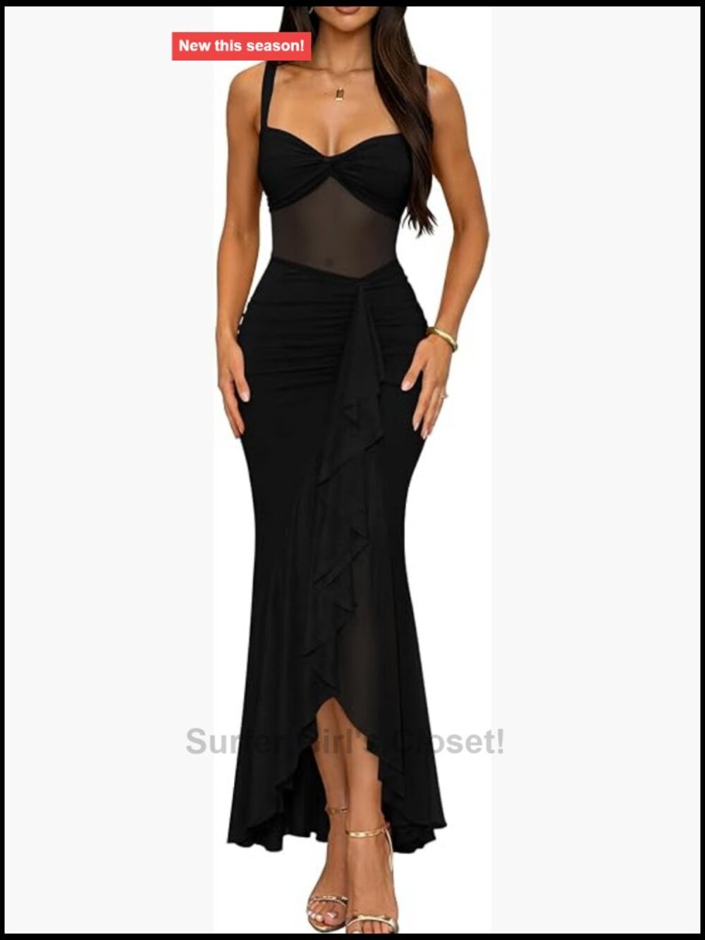 Women's Sexy Mesh Sheer Ruched Ruffle Club Party Midi Dress